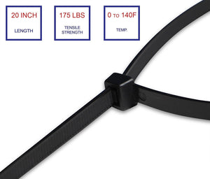 Super Strong Cable Ties - Heavy Duty - Black, Self Locking Nylon Zip Ties (50, 20 inch)